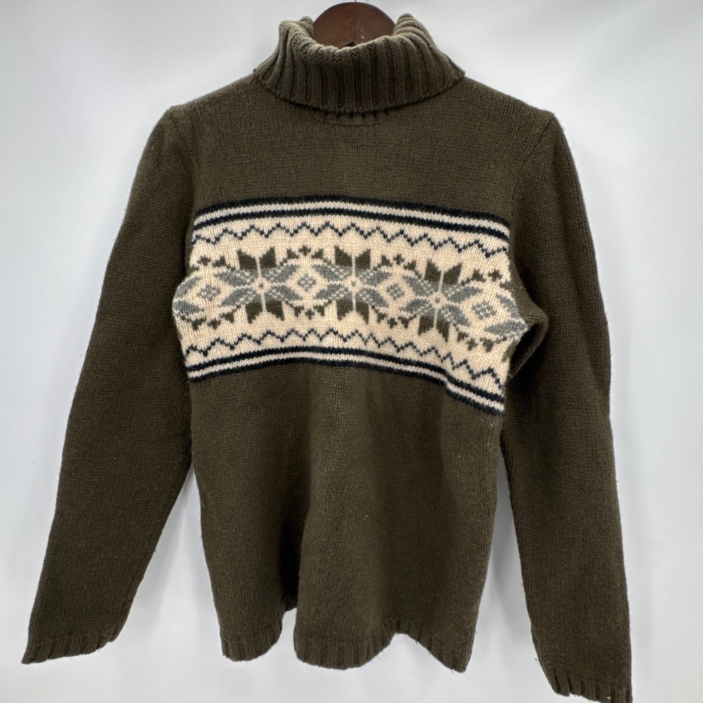 Vintage Old Navy Sweater Mens Medium Olive‎ Green Fair Isle Lambswool Turtleneck